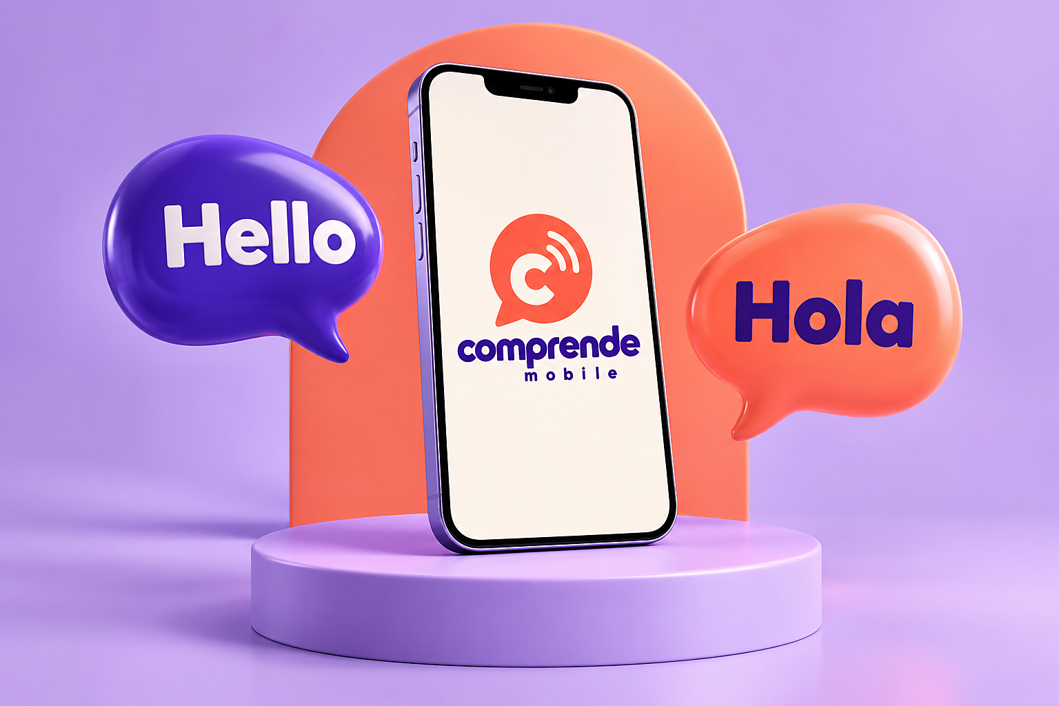 Arte conceptual de marca: un smartphone con el logo de Comprende Mobile entre una burbuja violeta “Hello” y una burbuja coral “Hola.”