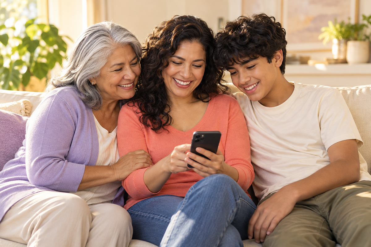 Tres generaciones de una familia sentadas juntas en un sofá, sonriendo al mirar un teléfono.